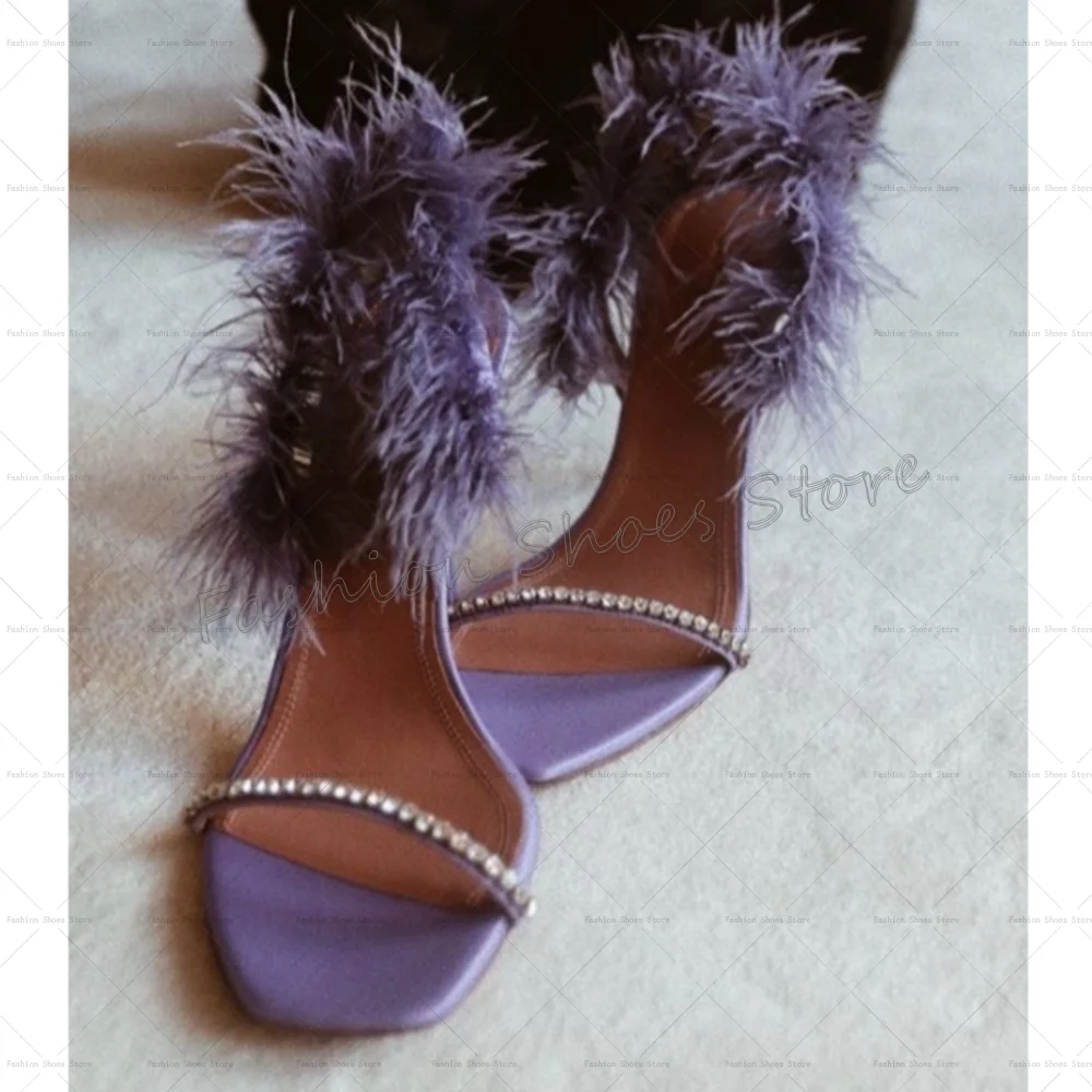 Purple Feather Decor Open Toe Sandals Stilettos High Heels High Heel Shoes for Women Fashion Heels 2025 New Zapatos Para Mujere