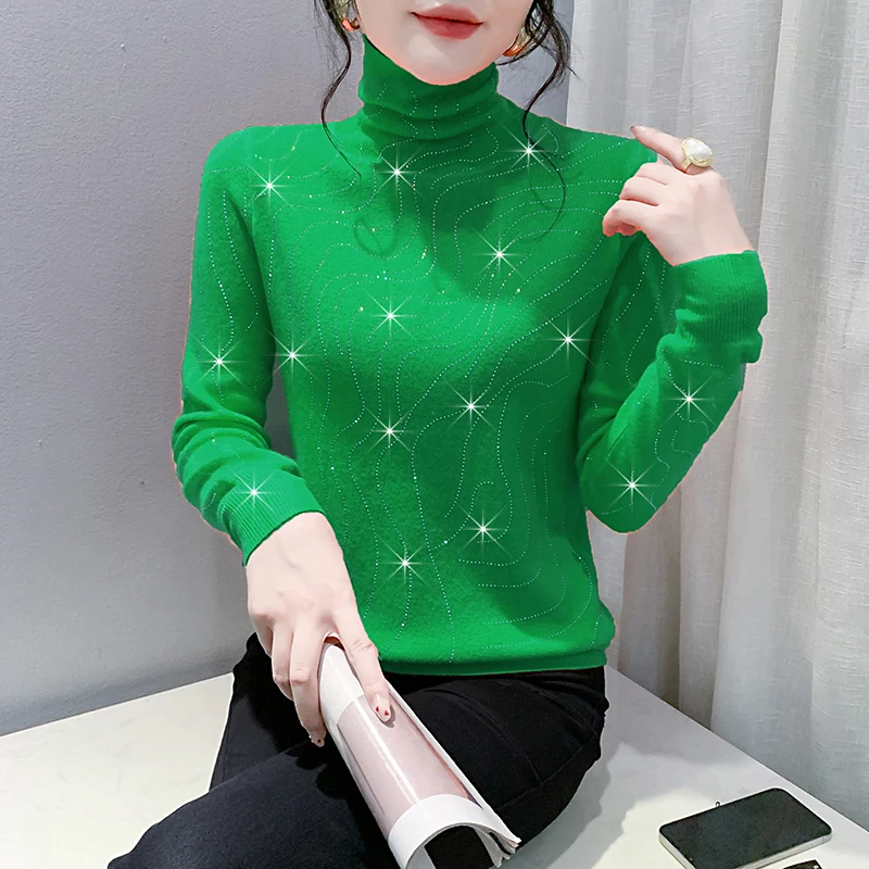 Black Korean Style Winter Knitted Turtleneck Sweater Chic Sexy Shiny Diamonds Women Pullover Long Sleeve Tops 2024 New 4100202