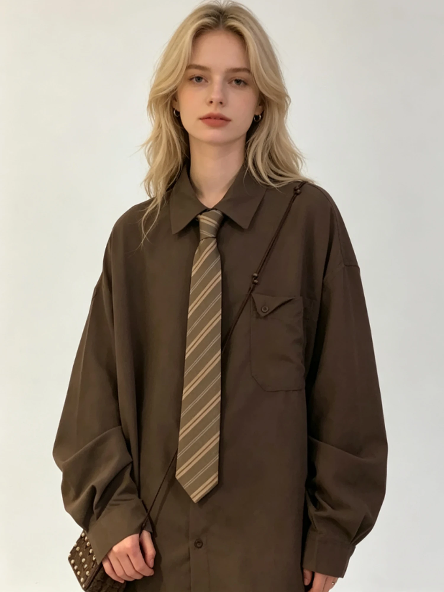 Women Brown Blouses and Shirts Y2k Gyaru Vintage Long Sleeve Polo-Neck Blouse Elegant Japanese Shirt Top for Women Spring Autumn
