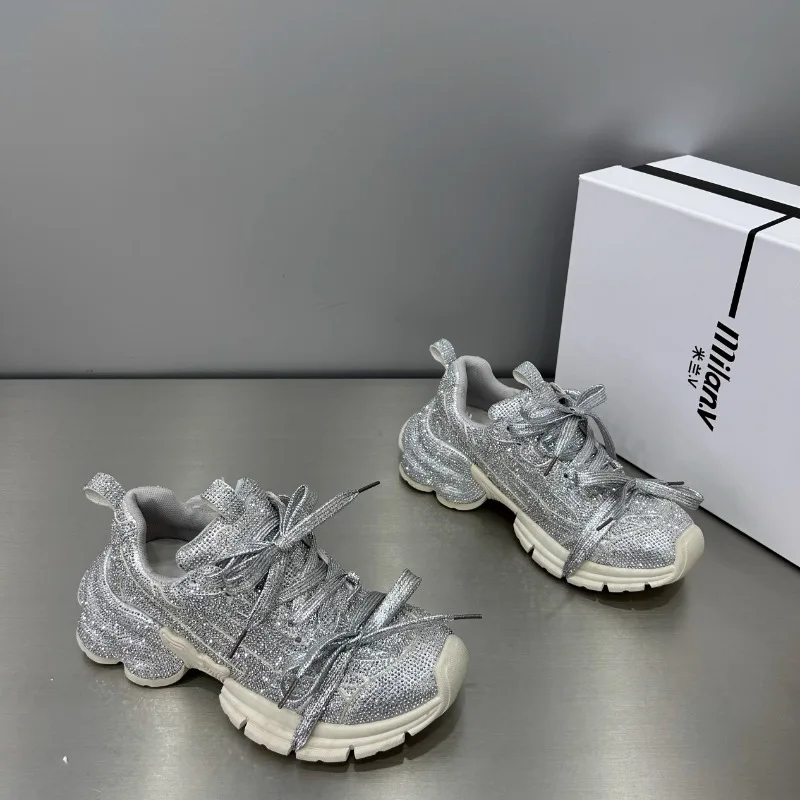 

Full Sky Star Water Diamond Thick Bottom Dad's Shoes for Women 2025 Autumn New Style Strap Height Increasing Casual Shoes