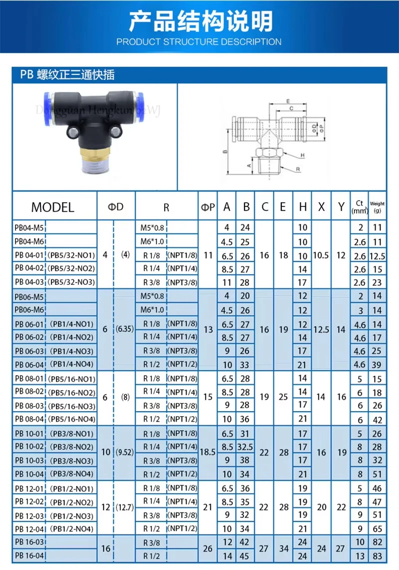 PB Thread Tee Quick Connector 4 6 8 10 12mm - M5 1/8" 1/4" 3/8" 1/2" Male Thread Pneumatic Fitting Quick Connect Coupling