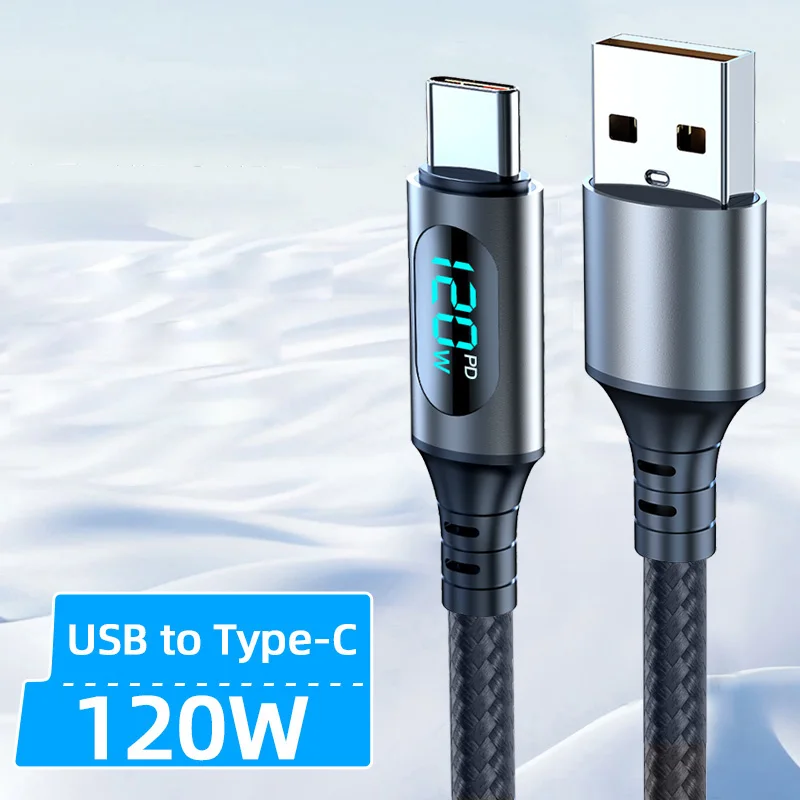 Ultra-Super Snelle Oplaadkabel-6A 120W USB A Naar Type C Nylon Datakabel Voor Xiaomi Redmi Samsung met Led Digitale Display Kabel