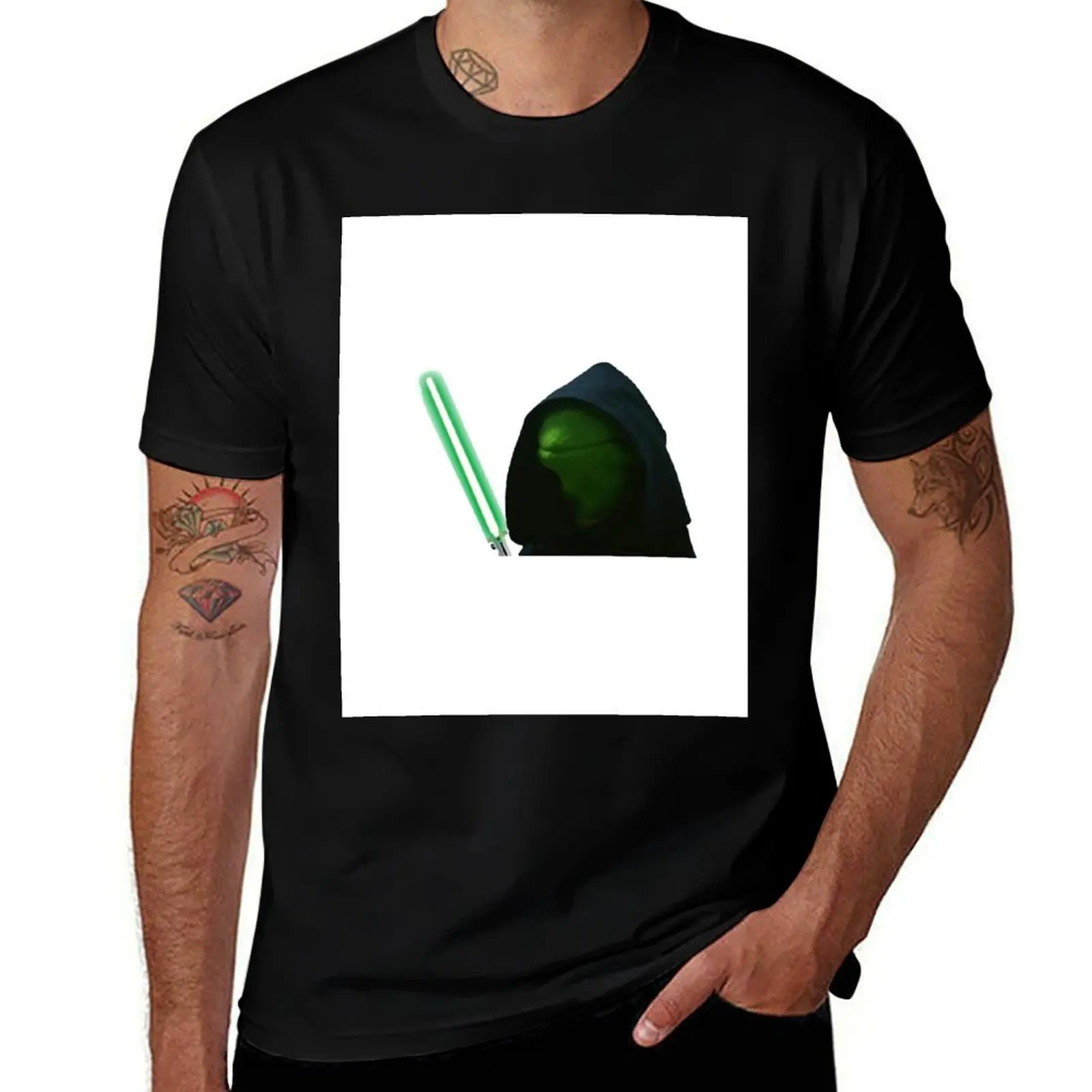 Hooded Kermit with Lightsaber T-Shirt Trendy Casual Short Sleeve Shirt T-Shirt