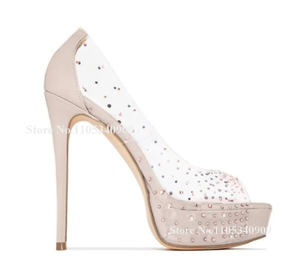 Bondarenko Bling Bling Rhinestones PVC Patchwork Stiletto Heel Pumps Peep Toe Beige Gold High Platform Thin Heel Dance Shoes