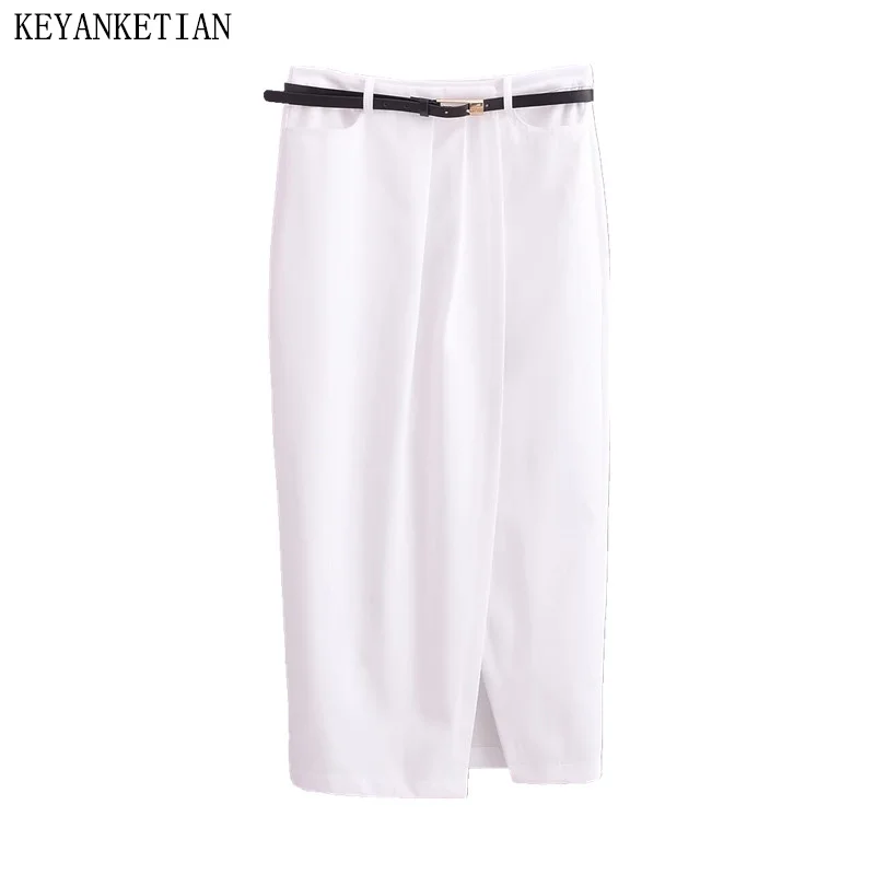 

KEYANKETIAN 2024 New Launch Pleated design With Belt Decoration Pockets MIDI Skirt Office Lady Slim High waist White Split Skirt