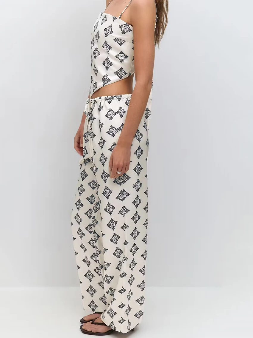 Marthaqiqi Printing Female Nightgowns Suit Spaghetti Strap Nightie Tank Top Pajamas Crop Top Nightwear Pant Casual Home Clothes