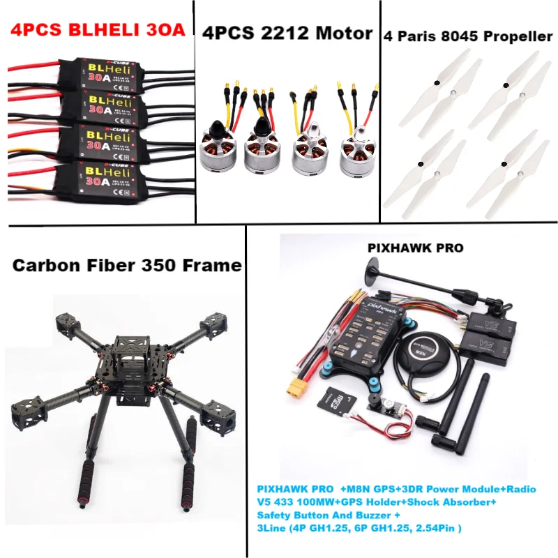 

Carbon Fiber F350 PIXHAWK PRO M8N/M9N/M10 Flight Control Ardupilot Radio Telemetry Quad copter BLHELI 30A ESC 2212 Motor