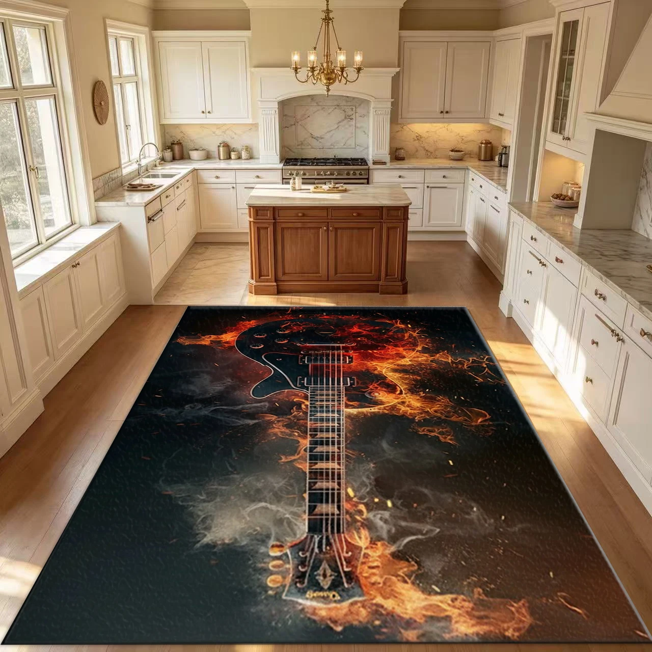 Rock Flame Guitar Art Carpet Floor Cool Music Style Non-Slip Carpet Suitable for Living Room Bedroom Game Room Home Decoration