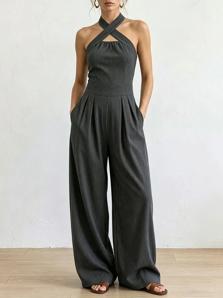 Lemongor Women's Solid Color Halter Neck Cross Front Wide Leg Jumpsuit 2026 New Sleeveless High Waisted Pleated Casual Outfits