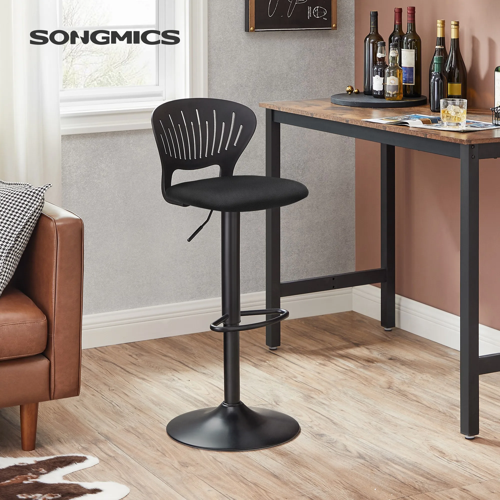 SONGMICS Tabouret Bar, Lot de 2, Chaise Bar, Chaise Haute Cuisine, Siège, Réglable en Hauteur, avec Dossier Incurvé, Assise Rembourrée, Repose-Pieds, Toile Respirant, Pivotant à 360°, Noir