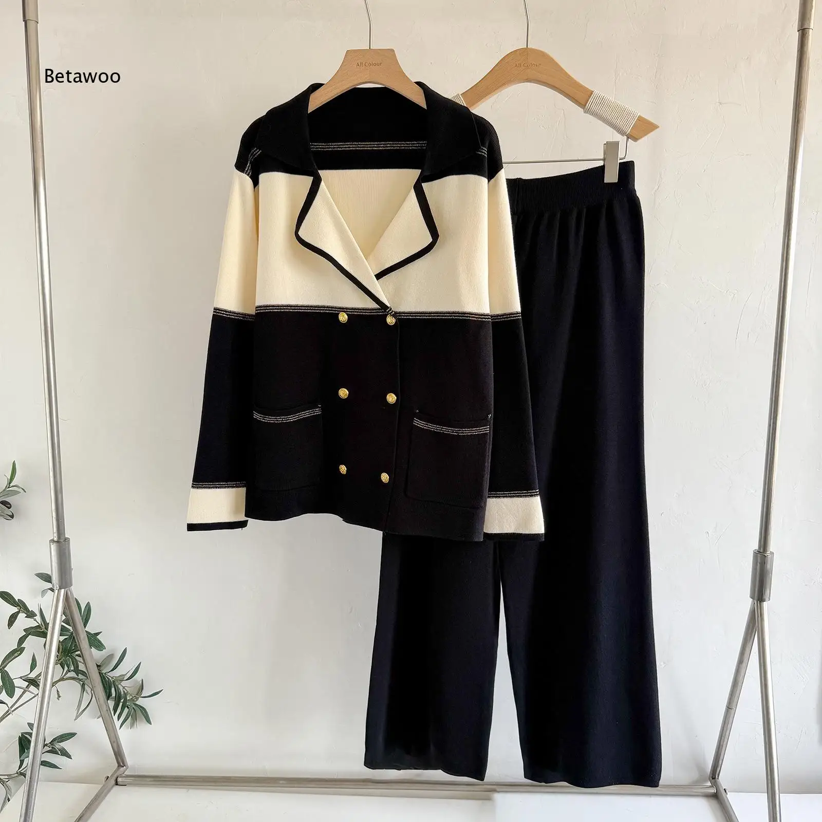 Contrast Panel Knitted Suit Notched Collar Double Breasted Pocket Short Jacket Loose Straight Trousers Daily Matching Set