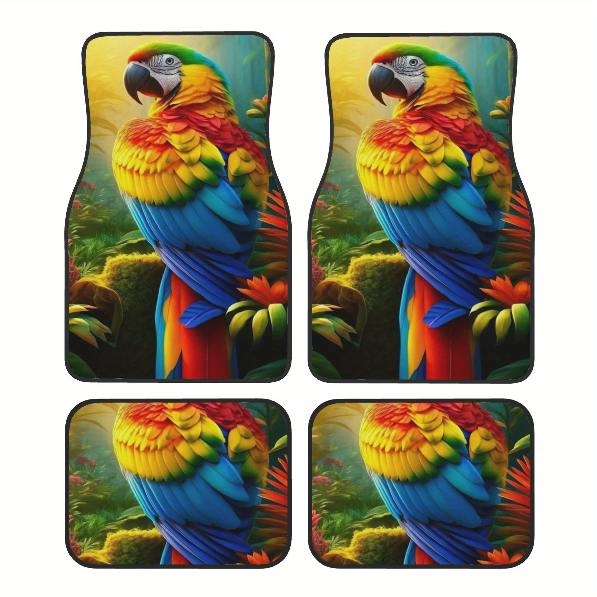 4 Vibrant Parrot And Jungle Design Car Carpets | Non-Slip, Easy To Clean, Suitable For Front And Rear Seats, All-Season Use, Uni
