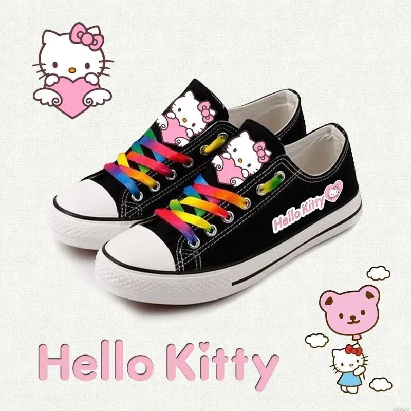 Sanrio Hello Kitty Cute Girl Black Canvas Shoes Cartoon Low Help Versatile Kawaii Shoes Kitty Printed Shoes for Women 2025 New