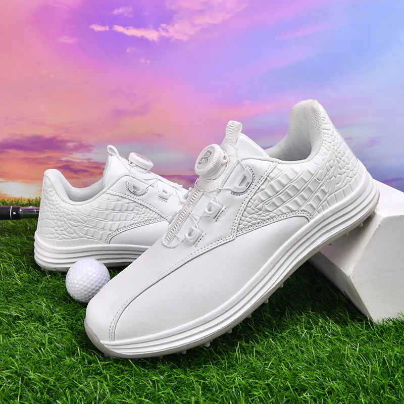 Men Rotating Buckle Waterproof Golf Casual Sneakers Cushioned Non Slip Spiked Sport Shoes for Urban Daily Golf Walking Travel