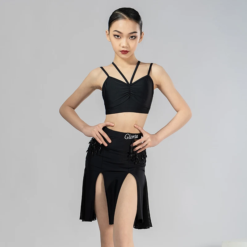 

Latin Tops Girls Split Skirt Latin Practice Wear Stage Costume Samba Dancing Outfit Salsa Clothing Tango Dance Wear DL9339