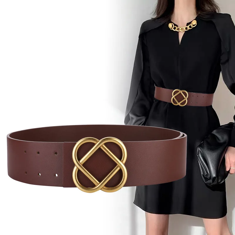 Fashion Wide Belt for Women Genuine Leather Classics Waist Strap Ladies Overcoat Dresses Flowers Buckle Belts