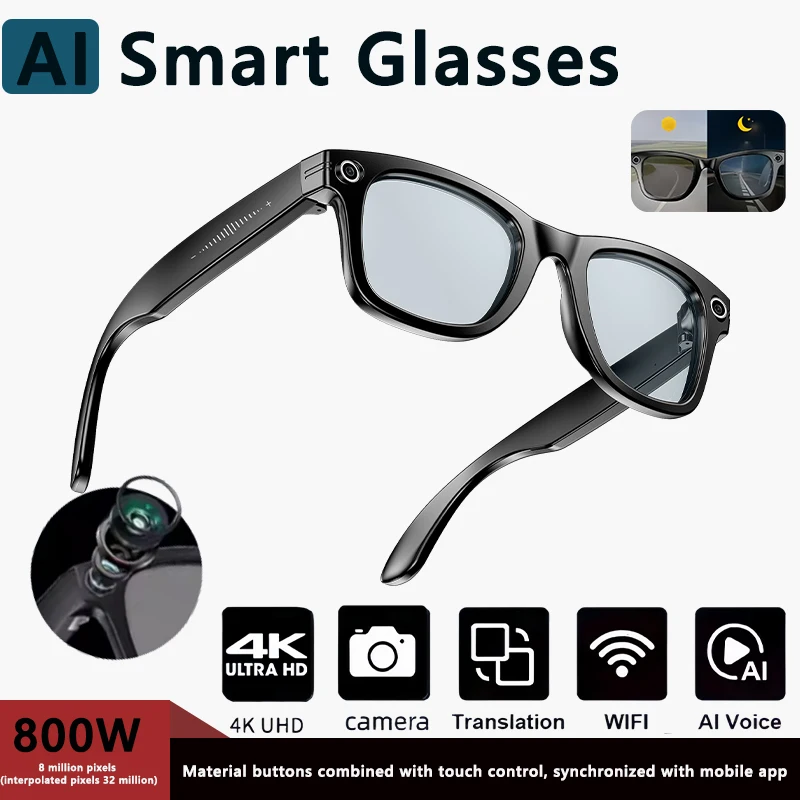 4K Ultra HD AI Glasses Men Chat IP65 Waterproof Voice Assistant AI Transmission 800W Camera Bluetooth Call Smart SunglassesWomen