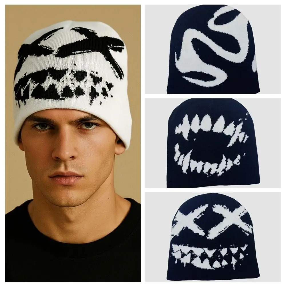 

Fashion Elastic Y2K Knitted Hat Halloween Hip-hop Jacquard Woolen Hat All-match Dome Black White Pullover Cap Autumn
