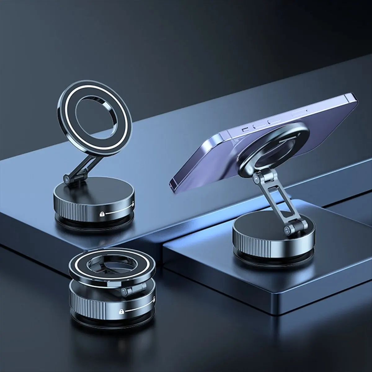 Hot Sale Car Mount Vacuum Magnetic Holder Foldable Strong Suction Stand with Metal Hinges for Cell Phone Black