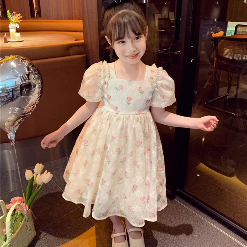 Sommer Mädchen 1–8 Jahre Blumenrosen Prinzessin Kleid Spitze abgestufte Schleife hinten Perlenakzent knielang Party Geburtstagsfeier – Detail 6