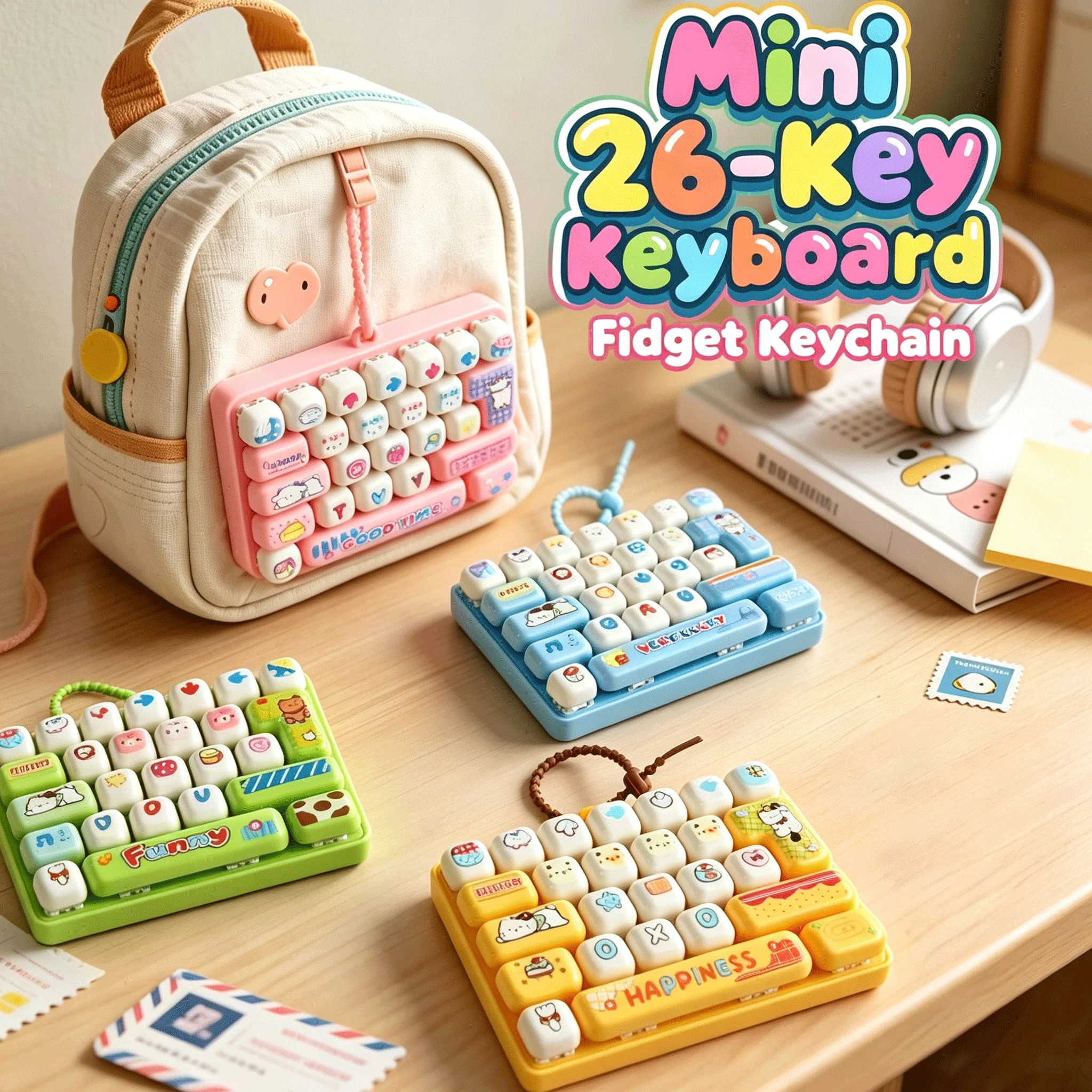 26-Key Fidget Keyboard Clicker Keychain Cartoon Sensory Toy Stress Relief Portable Bag Pendant Anime Peripheral Decor Gift Toys