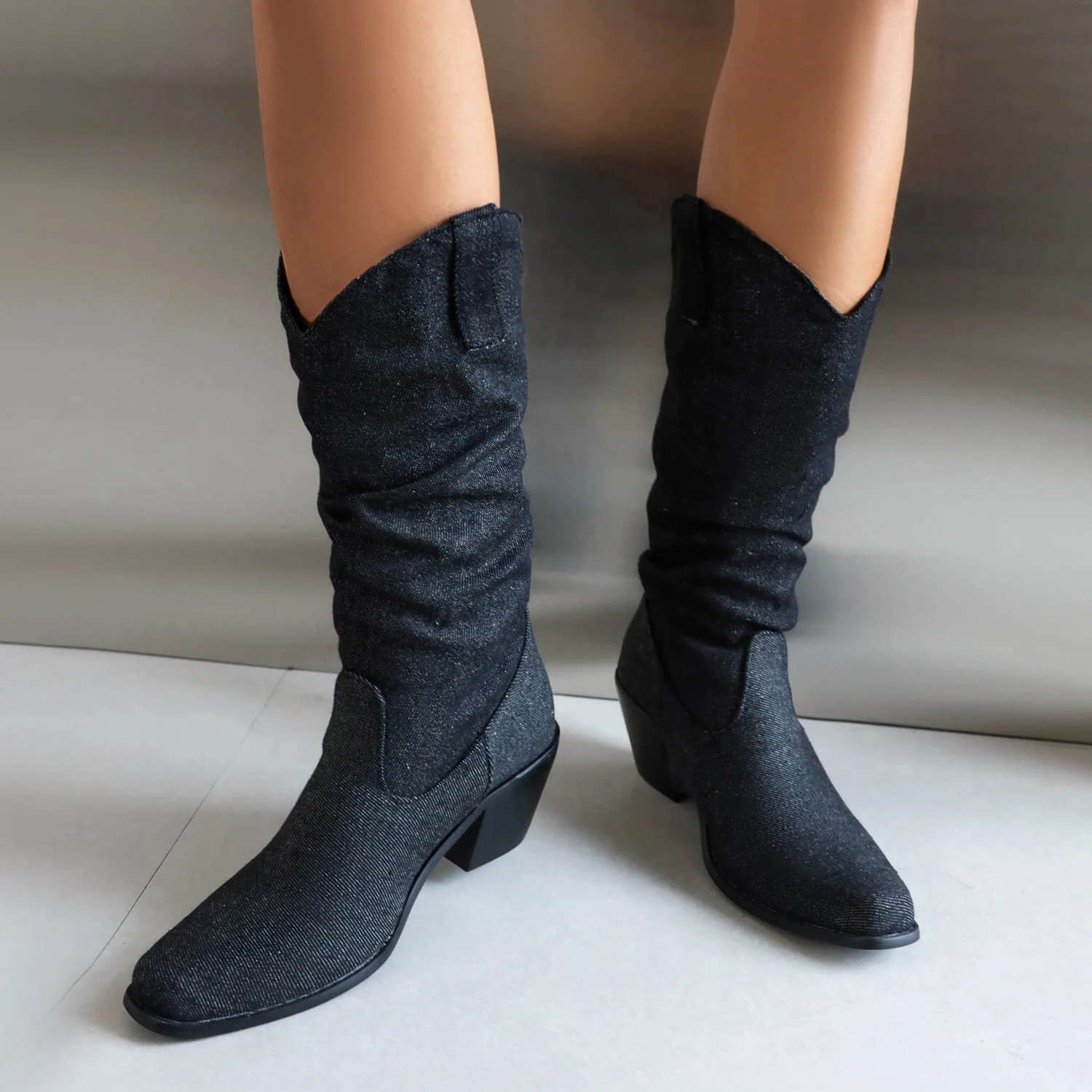 Plus Size Square Toe Tapered Thick Heel Denim Western Boots Short Plush Lining Slip On Concise Women's Knee Boots 2023