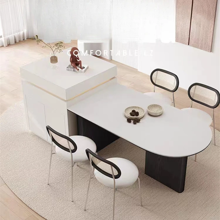 Pure white rock plate peninsula dining table integrated household small-sized French solid wood oval high-end dining table