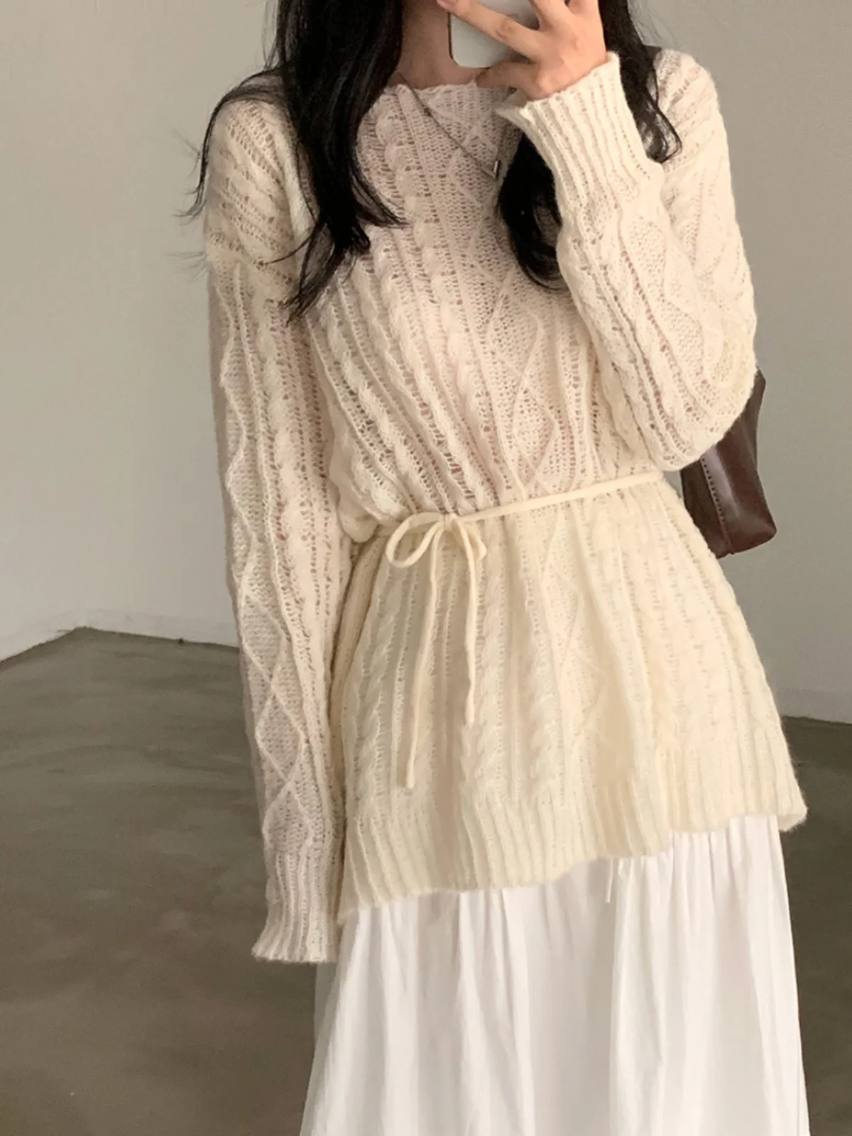 

Long Sve Knitted Sweater Women's Autumn Sle Chic Loose Versatile Retro Thin Sweater Belt Waist Inward Gentle Top