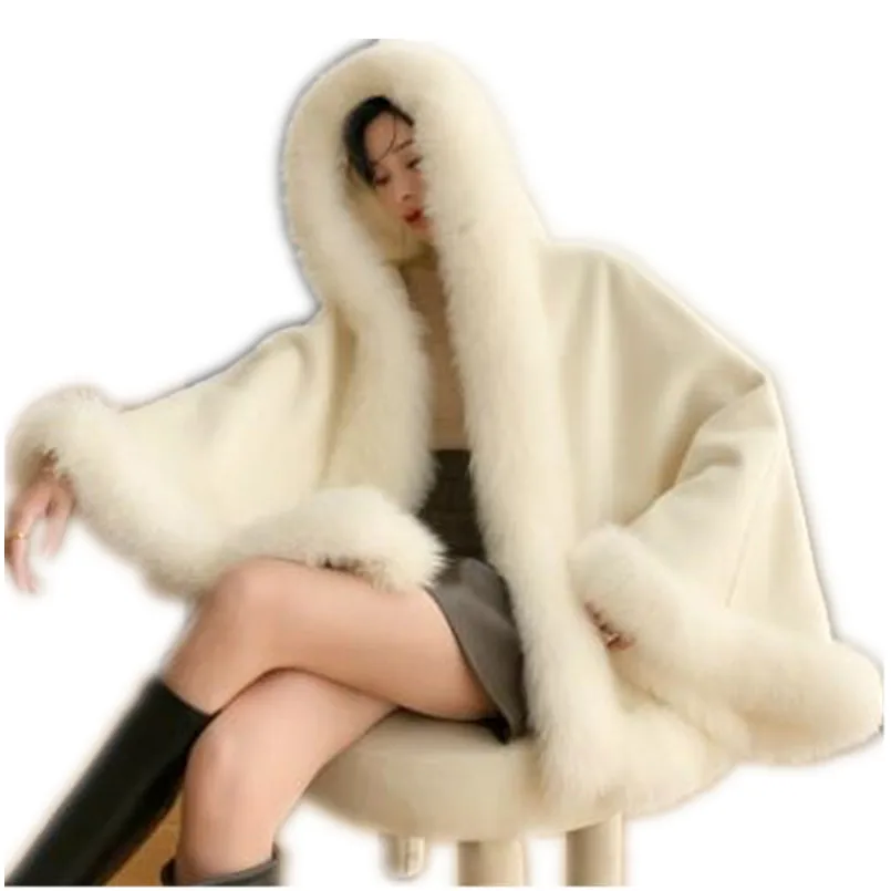 Autumn Winter Real Wool Cape with Genuine Fox Fur Trim Collar Women Outwear Wraps Party Shawl with Hood