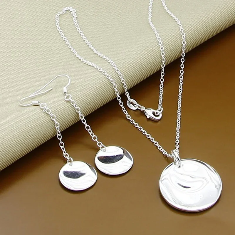 Brand New 925 Sterling Silver High Quality Jewelry Sets Simple Round Pendant Necklace Earrings Set Women Men Fashion Party Gift