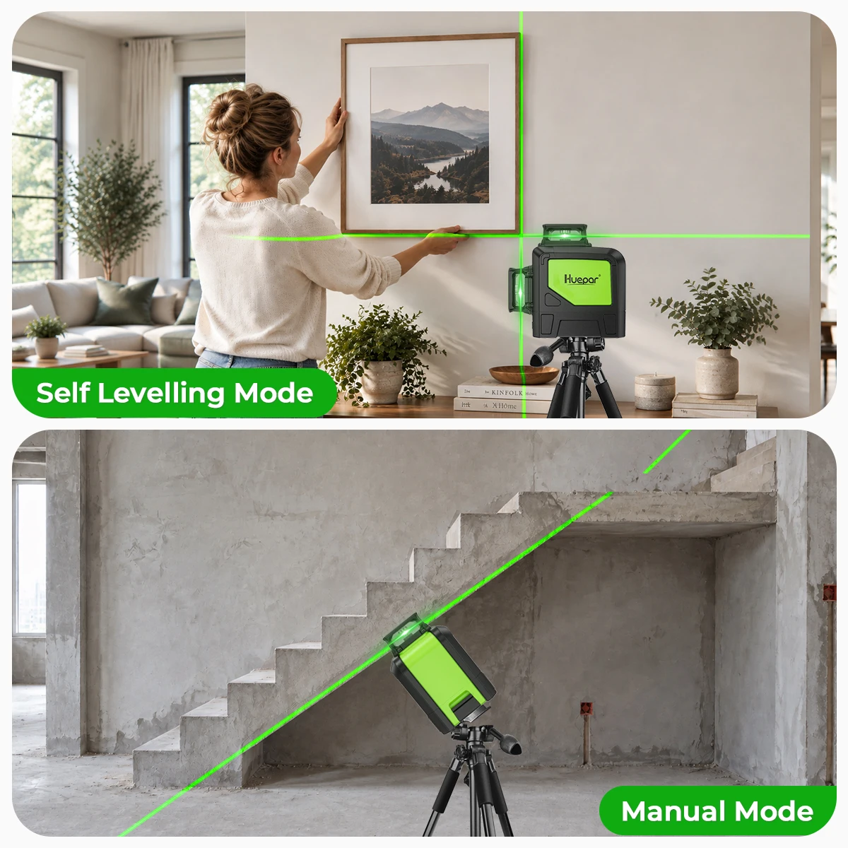 Huepar 902CG Cross Line Laser Level 2x360° Self-Leveling Horizontal and Vertical Green Beam Laser Tool With Pulse Mode & Bracket