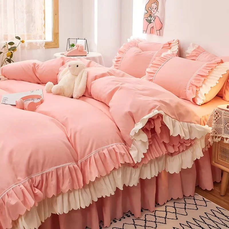 Pink Lace Ruffle Bedding Set Luxury Bed Skirt Sheet Bedspread Korean Duvet Cover Girls Princess Bedspread Pillowcases