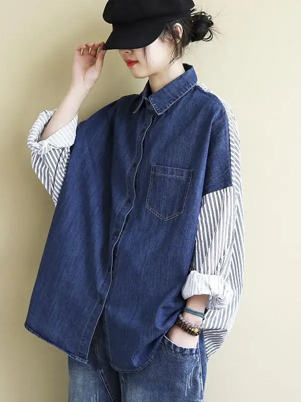 

Loose Casual Long Sve Collar irt for Women Spring New Sle Artistic Large Size Clothing Straight Cut Commute Sle