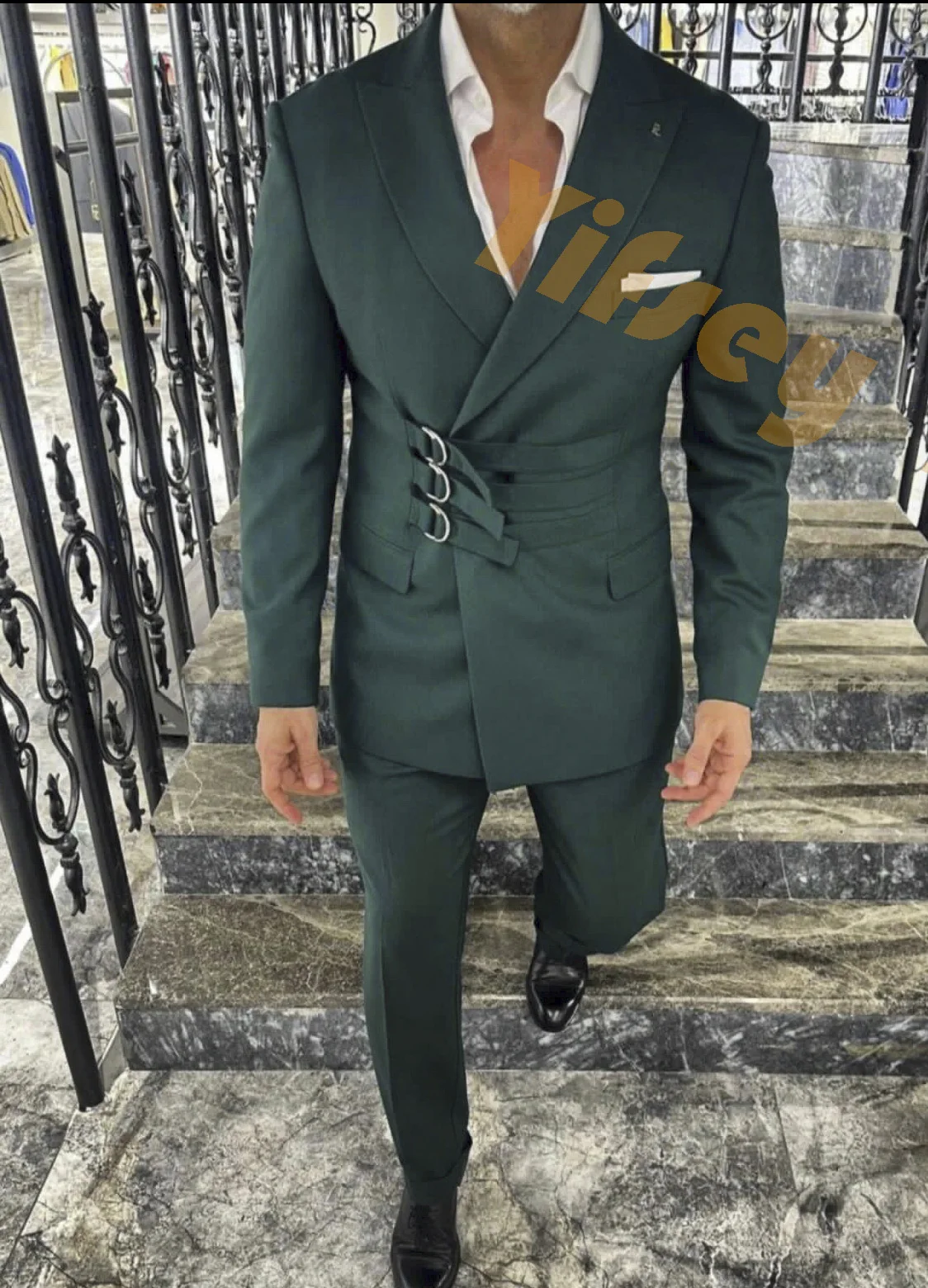 

Waist Cinching Design Social Men Suit Set Wedding Groom Custom Made Male Green Jacket Pants Party Prom Blazer Trousers Outfits