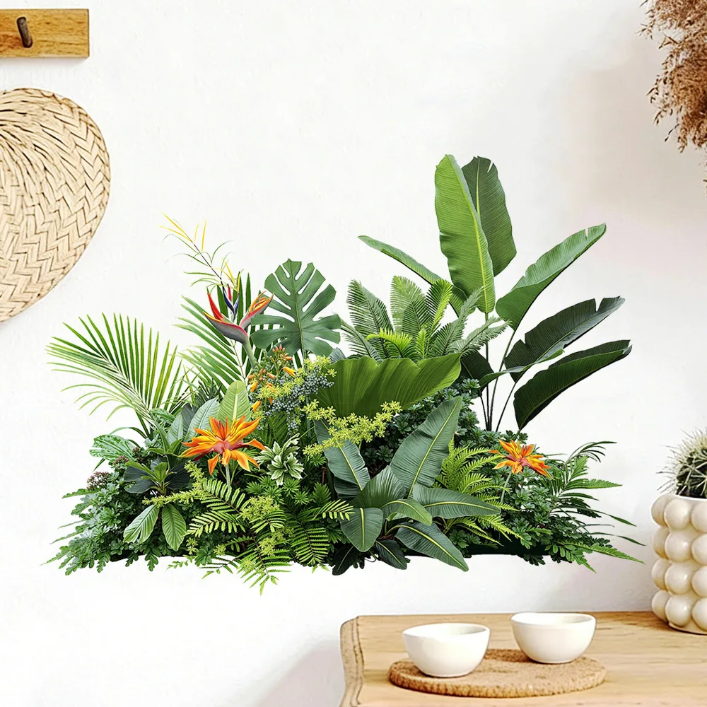 Tropical Plant Wall Decals Peel and Stick Monstera Bird of Paradise Green Leaf Wall Art Stickers for Bedroom Living Room