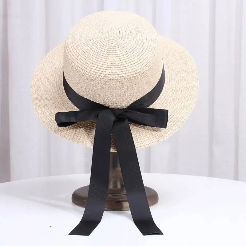 Summer Straw Hat For Women 2024 New French Ribbon Bow Flat Brim Sun Hat Casual Ladies Sun Protection Outdoor Beach Hat gorras 모자