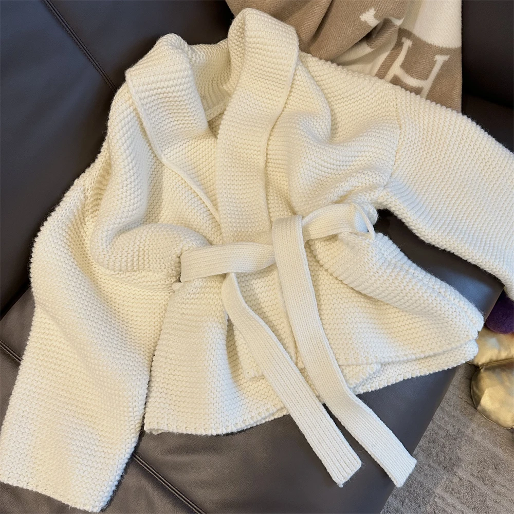 

Свитер с завязками, кардиган для женщин, уютный вязаный свитер с длинными рукавами и открытой передней частью, халат со съемной завязкой, кардиган, осень-зима, шик