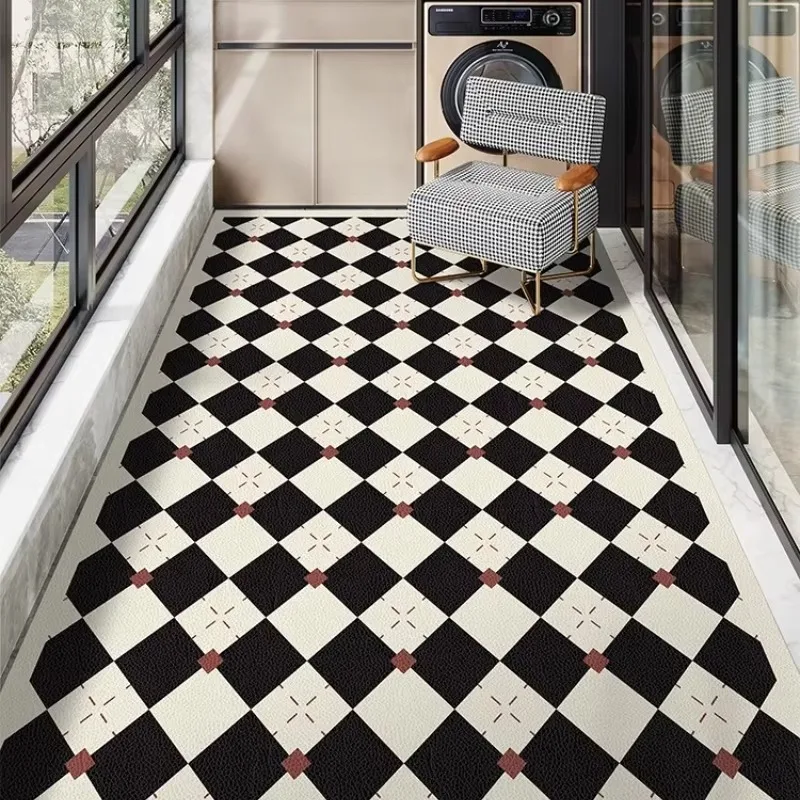 

Kitchen Floor Mat Simplicity Black White Plaid Oil-proof Antifouling Rug Waterproof Anti-slip PVC Leather Balcony Carpet 주방 카펫