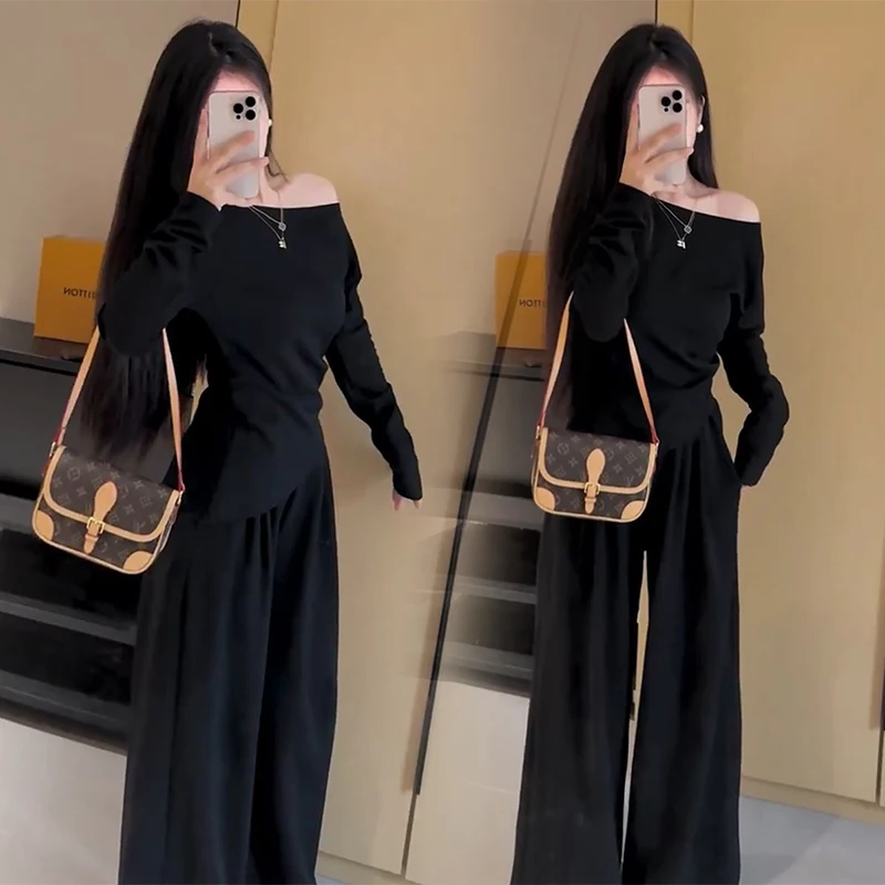 

Faionable Casual Women's Two-Piece Set Spring Season Asymmetrical oulder Pure Desire Top Versatile Wide Leg Pants