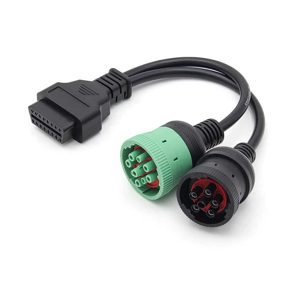 J1939 Compatible for 9Pin Truck OBD Adapter  J1708 6Pin Connector to OBD2 16Pin Interface Y Cable for Cummins/CAT/Deutsche etc.
