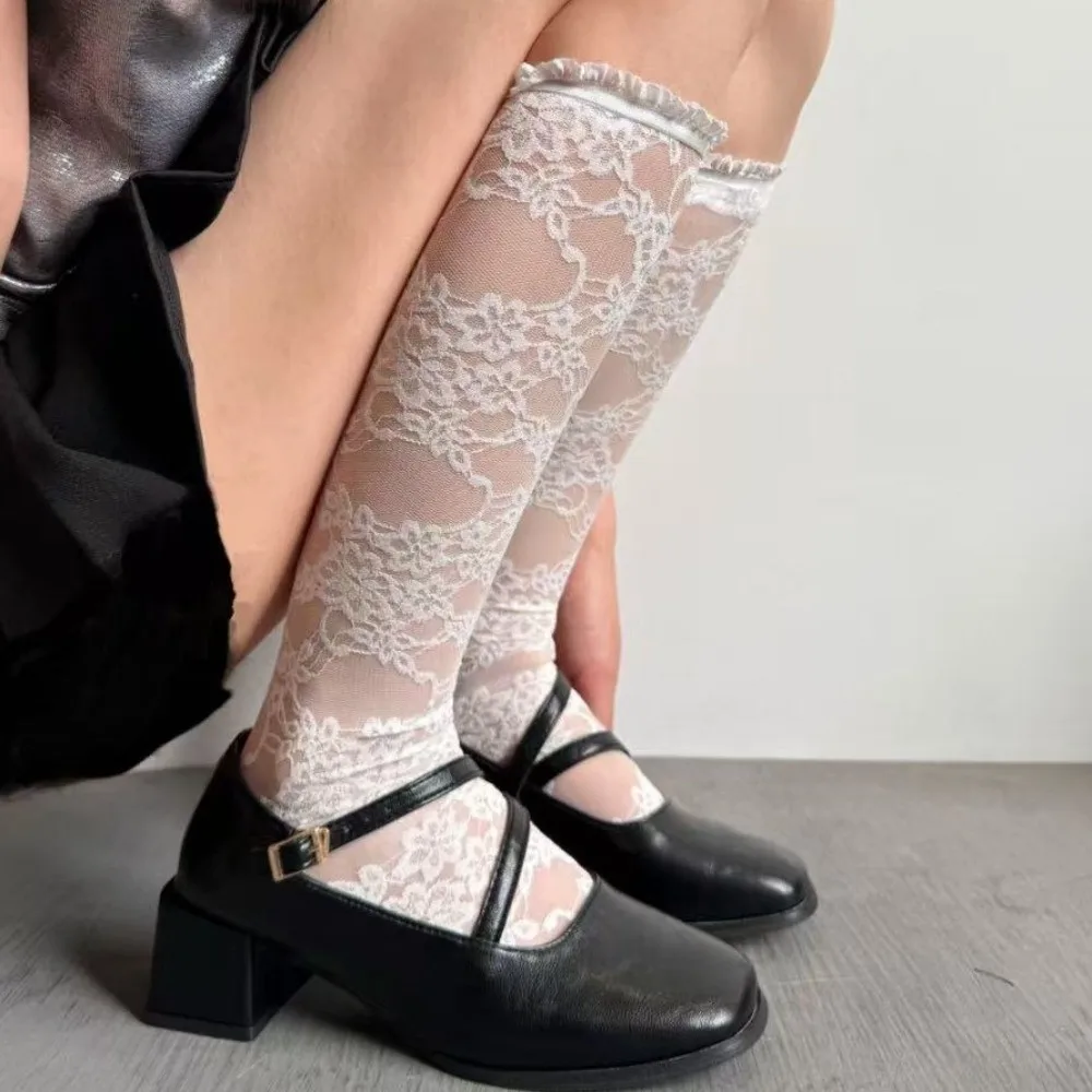 Ruffle Lolita JK Mid-Calf Socks Net Socks Transparent Flower Leg Warmers Mid-Calf and Long Academy Style Lace Silk Hosiery
