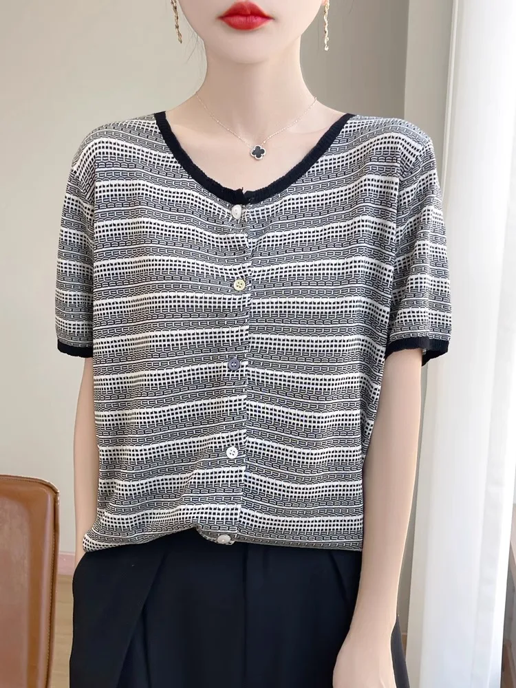 

Корейский вязаный ледяной шелк ort Sve, открытый кардиган, женский свободный утягивающий универсальный топ, футболка, новинка лета...