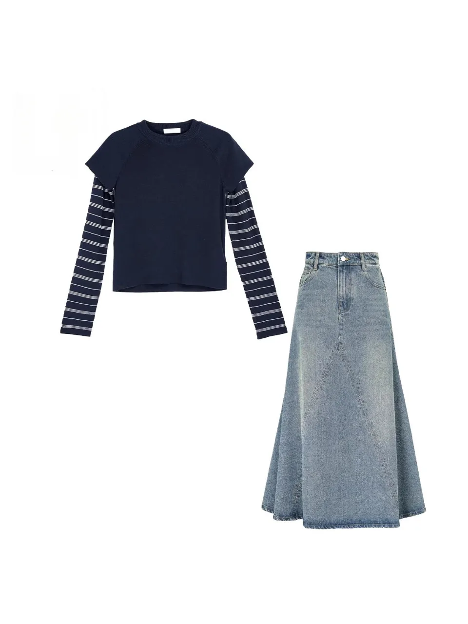 

Spring Faion High Waist Fi Tail Denim Skirt Set Women's Long Sve Striped Top with Lace Hemline Casual Thiened Polyester