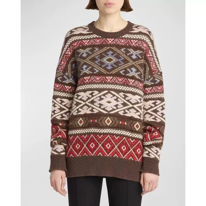 

2024 Winter New Product Fair Island Vintage Color Matching Design Crew Neck Pullover Sweater 100% Wool