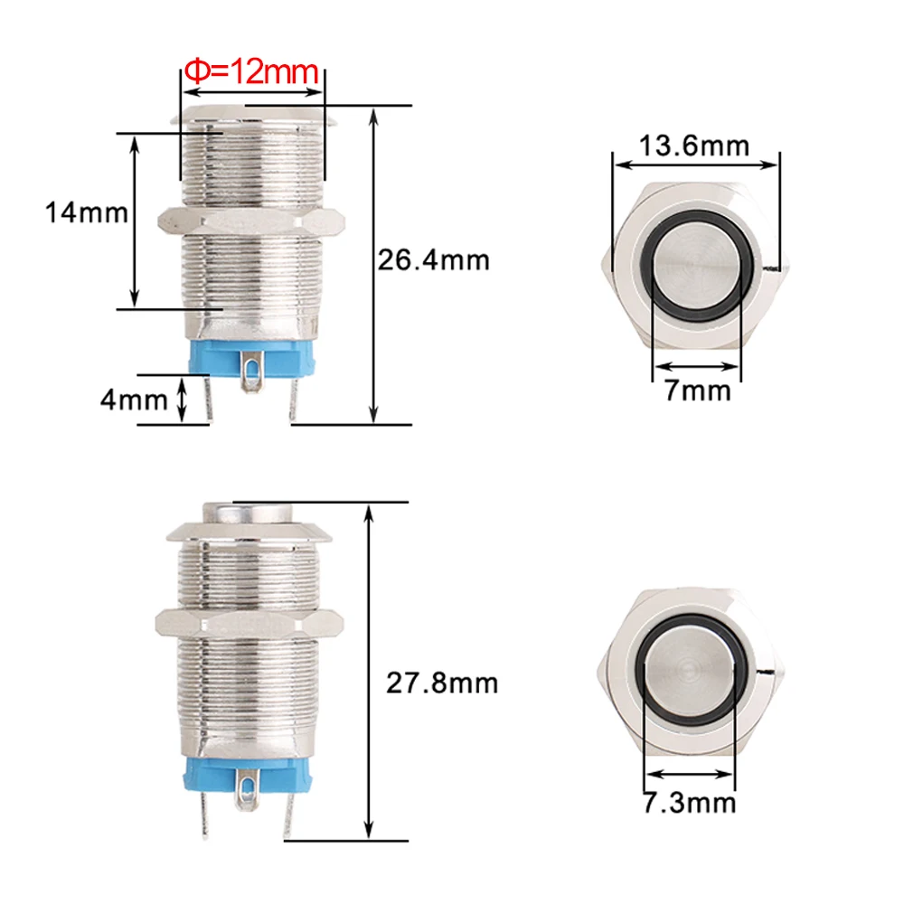 Sliver Push Button Switch 4 Pin 12mm Waterproof Led Light Metal Flat Momentary/Latching Switches with power mark/Ring LED