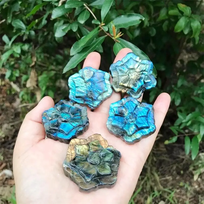 

5pcs Natural Labraodorite Carved Crystal Figurine Flower Statue Healing Crystals Aesthetic Room Decor Luck Gifts