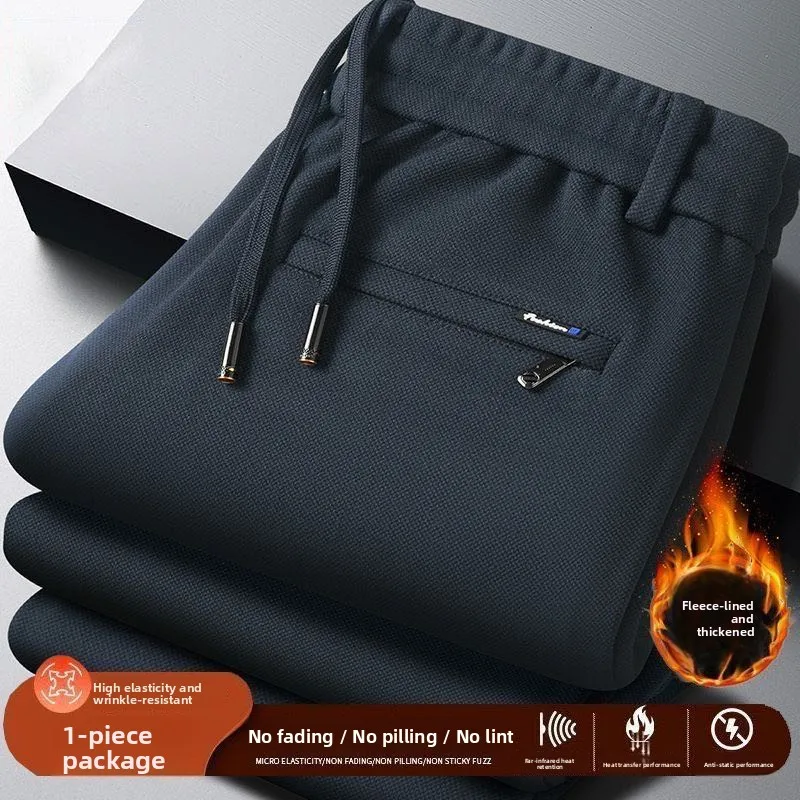 

Men's Fce Lined Thi Corduroy Straight Leg Casual Pants Loose Striped mid Waist High Polyester Fiber Warm Winter Trousers