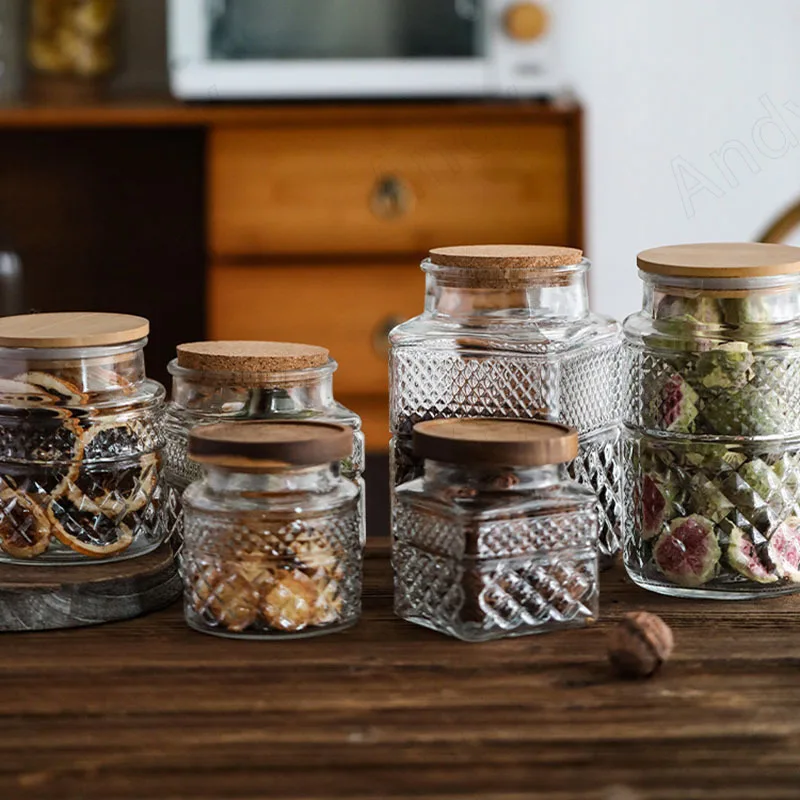 

Seal Glass Storage Jar with Lid Hand Embossed Flowers Decorative Kitchen Cereal Dispenser Home Coffee Table Desktop Tea Canister