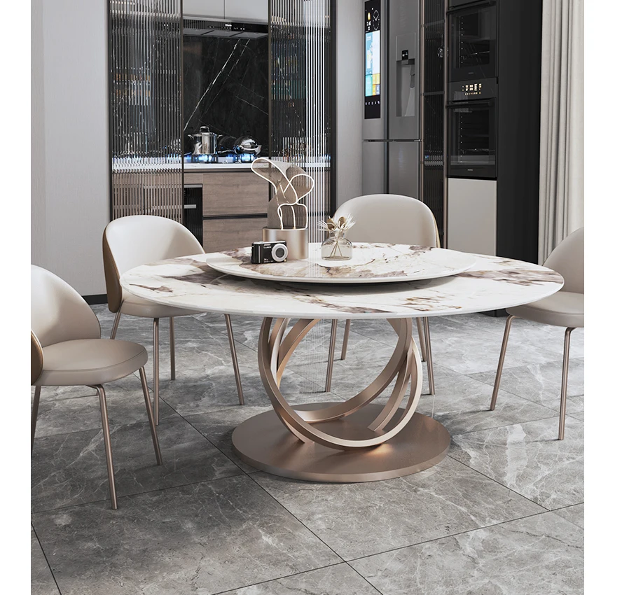 

Round Marble Dining Table Light Luxury Modern Minimalist Dining Table and Chairs Turntable High-grade Bright Surface