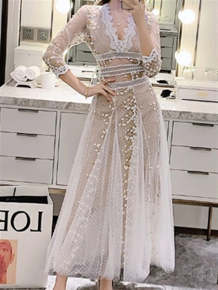 

Embroidery High Waist 2023 Long Sleeve Boho Elegant Vintage Dresses Women Woman Luxury Autumn Runway Dress Lace Party Spring